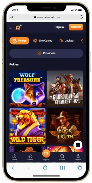 slot section at RetroBet Casino mobile app 