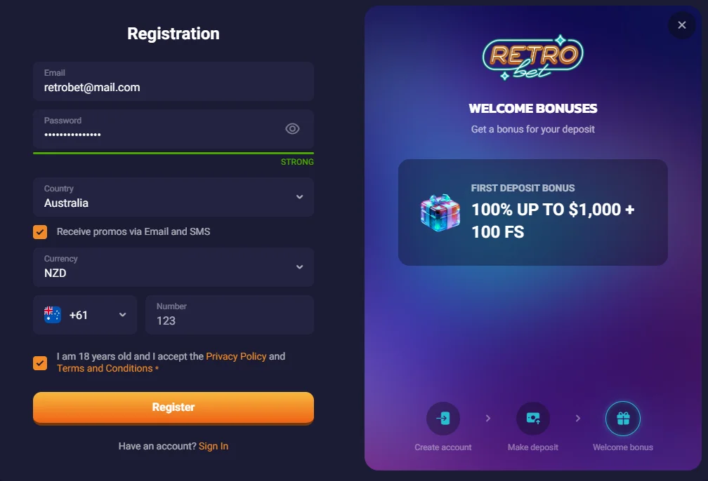 RetroBet Casino Registration Page with Form