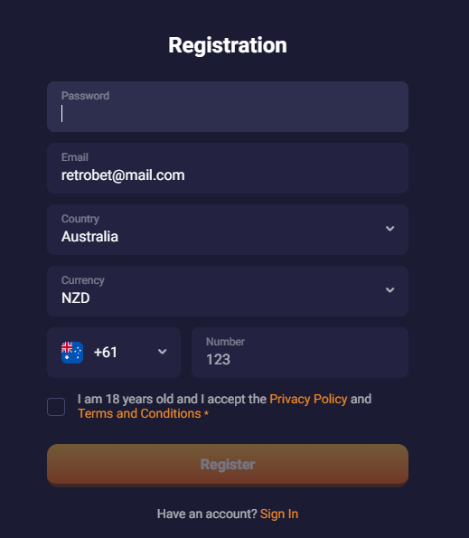 RetroBet sign up Form for new players